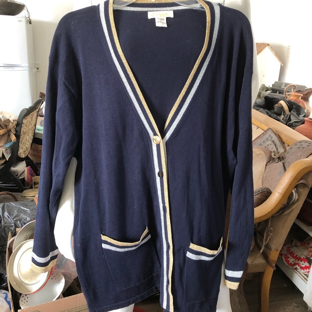 Sweater, many blue with silver and gold
